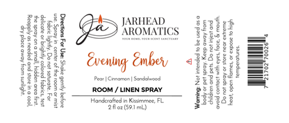 Jarhead Aromatics Evening Ember Room & Linen Spray—handcrafted home fragrance with plum, smoke, and sandalwood. For rooms or fabrics. 2 fl oz (59.1 mL). Includes directions and warnings. Made in Kissimmee, FL with signature candle logo.