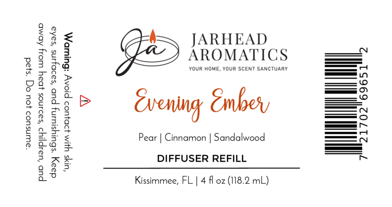 Evening Ember Diffuser Refill by Jarhead Aromatics features plum, sandalwood, and smoke notes. Warning: Avoid contact with skin, eyes, surfaces, and furnishings. 4 fl oz home fragrance oil refill made in Kissimmee, FL.