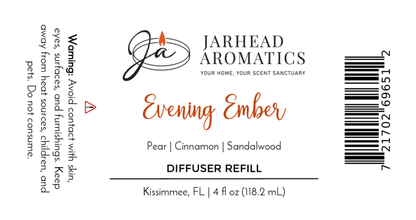 Evening Ember Diffuser Refill by Jarhead Aromatics features plum, sandalwood, and smoke notes. Warning: Avoid contact with skin, eyes, surfaces, and furnishings. 4 fl oz home fragrance oil refill made in Kissimmee, FL.