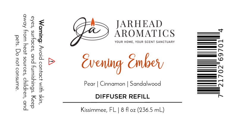 White label for Jarhead Aromatics’ Evening Ember Diffuser Refill (Plum, Sandalwood & Smoke). Features scent notes, warning to avoid skin contact, visible barcode and company logo.