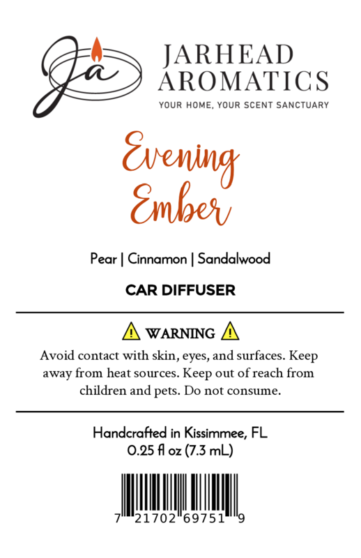 Product label for Evening Ember Car Diffuser | Plum, Sandalwood & Smoke Car Air Freshener by Jarhead Aromatics. Features scent notes, safety icon warnings, barcode, and handcrafted details at the bottom.