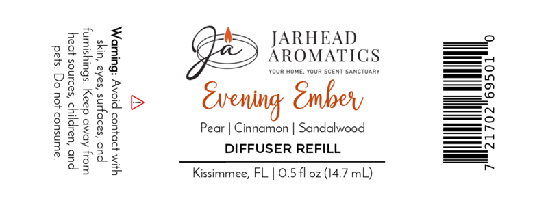 A Jarhead Aromatics Evening Ember Cold Air Diffuser Refill label features plum and sandalwood fragrance, warning, barcode, and details: 0.5 fl oz (14.7 mL), made in Kissimmee, FL.