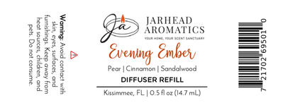 A Jarhead Aromatics Evening Ember Cold Air Diffuser Refill label features plum and sandalwood fragrance, warning, barcode, and details: 0.5 fl oz (14.7 mL), made in Kissimmee, FL.