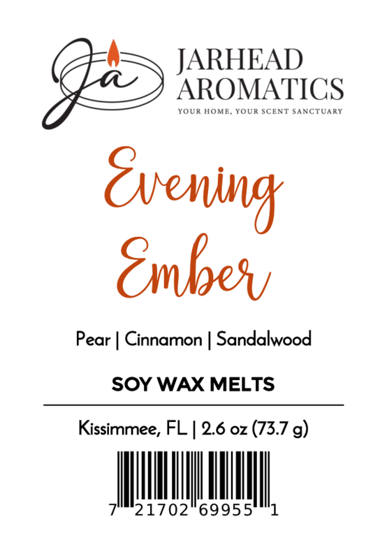 Jarhead Aromatics Evening Ember Soy Wax Melt | Smoky Plum & Sandalwood. Calming scent with pear, cinnamon & sandalwood. Net Wt 2.6 oz/73.7g • Long-lasting fragrance • Kissimmee, FL • Barcode included.
