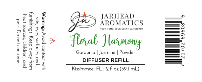 A luxury home scent, the Jarhead Aromatics Floral Harmony Diffuser Refill features gardenia, jasmine, and tuberose. Label includes warning, barcode, 2 fl oz (59.1 mL), and location Kissimmee, FL.