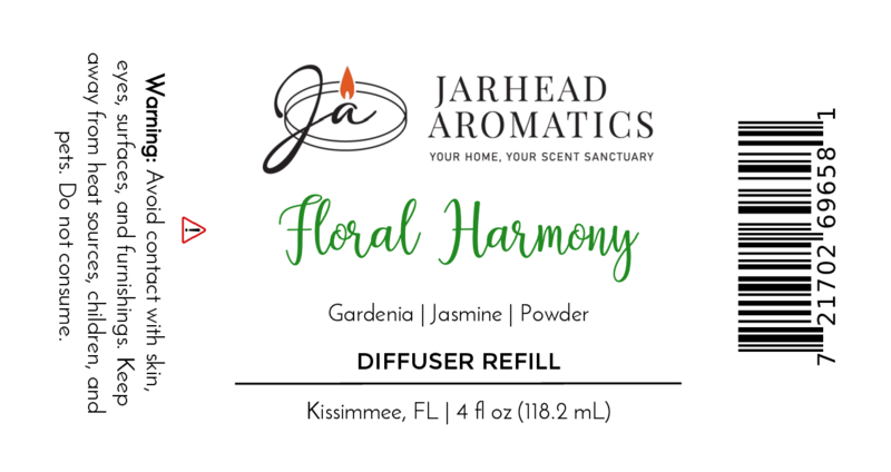 Label for Jarhead Aromatics Floral Harmony Diffuser Refill | Gardenia, Jasmine & Tuberose Home Fragrance Oil Refill. Enjoy this luxury scent. Warning: Avoid skin and eye contact. Volume: 4 fl oz (118.2 mL).
