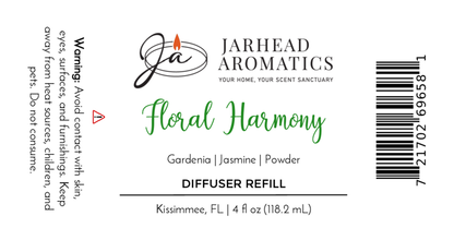 Label for Jarhead Aromatics Floral Harmony Diffuser Refill | Gardenia, Jasmine & Tuberose Home Fragrance Oil Refill. Enjoy this luxury scent. Warning: Avoid skin and eye contact. Volume: 4 fl oz (118.2 mL).