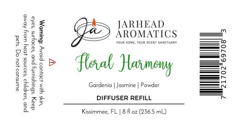 Jarhead Aromatics Floral Harmony Diffuser Refill | Gardenia, Jasmine & Tuberose Home Fragrance Oil. Luxurious white floral scent. Avoid skin contact. Barcode on right side.