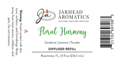Jarhead Aromatics Floral Harmony Diffuser Refill | Gardenia, Jasmine & Tuberose Home Fragrance Oil. Luxurious white floral scent. Avoid skin contact. Barcode on right side.