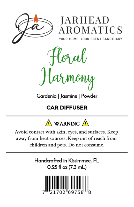 Jarhead Aromatics Floral Harmony Car Diffuser fills your car with gardenia, jasmine & tuberose scent. Warning: avoid contact with skin, eyes, surfaces; keep from children, pets, heat. Handcrafted in Kissimmee, FL.