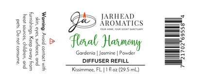 Jarhead Aromatics Floral Harmony Car Diffuser Refill | Gardenia & Jasmine - a white floral car air freshener with gardenia, jasmine, and powder notes. Includes safety warnings, barcode, and Kissimmee, FL company info. Long-lasting scent.