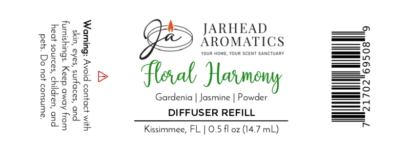Jarhead Aromatics Floral Harmony Cold Air Diffuser Refill (0.5 fl oz/14.7 mL) features white floral and jasmine scents. Luxurious diffuser oil includes a warning to avoid skin contact.