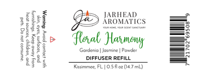 Jarhead Aromatics Floral Harmony Cold Air Diffuser Refill (0.5 fl oz/14.7 mL) features white floral and jasmine scents. Luxurious diffuser oil includes a warning to avoid skin contact.