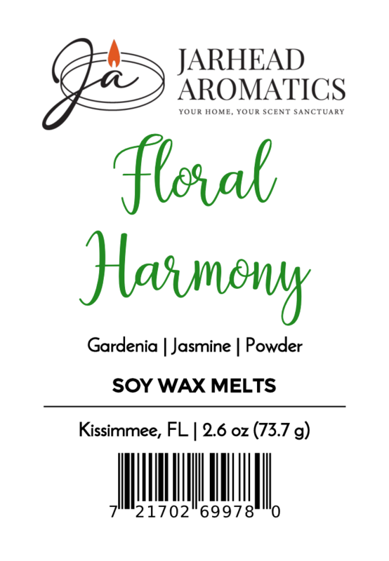 Jarhead Aromatics Floral Harmony Soy Wax Melt, Elegant White Floral Scented Wax Melts with gardenia, jasmine & powder. Includes logo, 2.6 oz (73.7g), Kissimmee, FL location & barcode—perfect to fragrance your home.