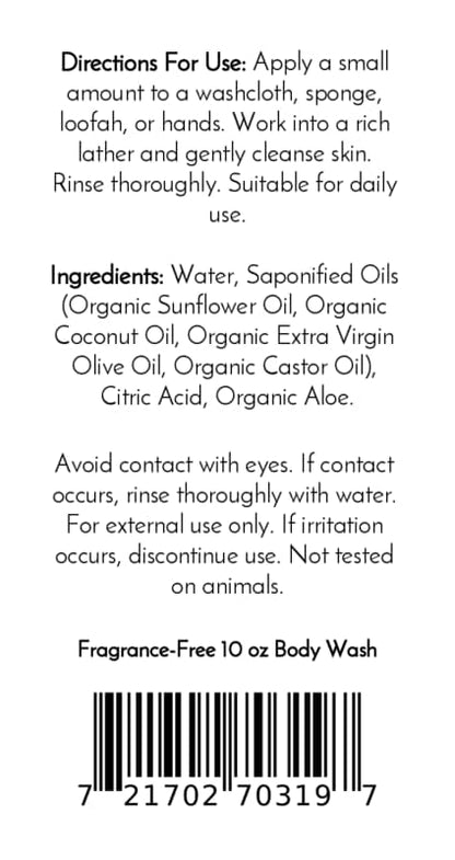 Back label of a Jarhead Aromatics Fragrance-Free Handmade Natural Body Wash bottle displaying directions for use, detailed ingredient list including organic aloe and plant-based oils, a caution to avoid eye contact, and a barcode. The text highlights that it is an unscented moisturizing body wash suitable for daily use and not tested on animals.