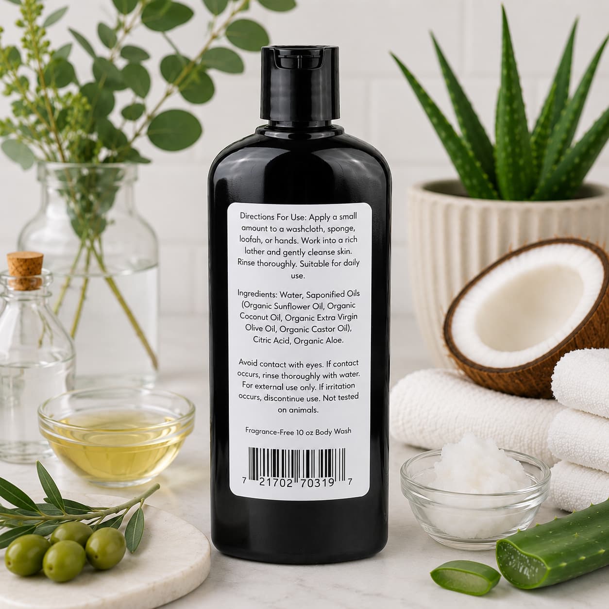A black bottle of Jarhead Aromatics Fragrance-Free Handmade Natural Body Wash, featuring a label with ingredients and directions, sits on a white counter surrounded by a white towel, a bowl of cotton balls, fresh aloe vera, a wooden spoon filled with oil, and green plants. This moisturizing body wash is crafted with organic aloe and plant-based oils.