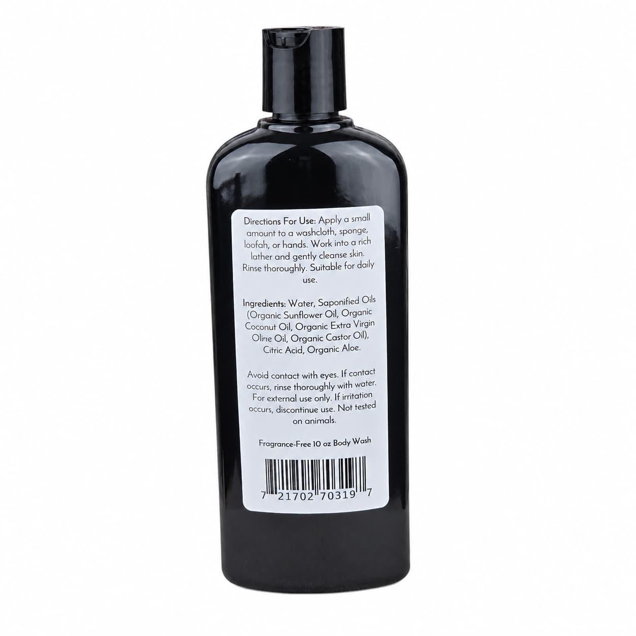 A black plastic bottle with a white label displaying directions, ingredients, warnings, and a barcode. The label identifies the product as Jarhead Aromatics Fragrance-Free Handmade Natural Body Wash—10 oz of gentle, moisturizing body wash with organic aloe and plant-based oils, perfect for sensitive skin.