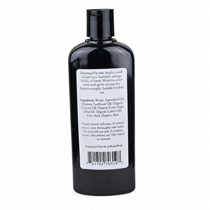A black plastic bottle with a white label displaying directions, ingredients, warnings, and a barcode. The label identifies the product as Jarhead Aromatics Fragrance-Free Handmade Natural Body Wash—10 oz of gentle, moisturizing body wash with organic aloe and plant-based oils, perfect for sensitive skin.