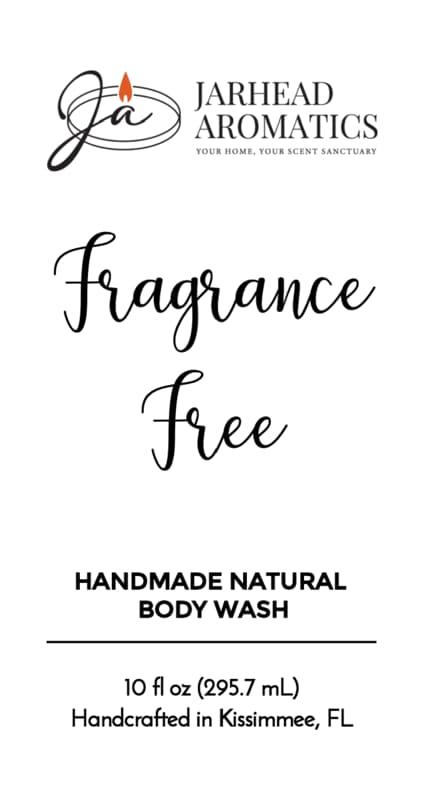 Black-and-white product label for Jarhead Aromatics Fragrance-Free Handmade Natural Body Wash | Moisturizing Body Wash with Organic Aloe & Plant-Based Oils, 10 fl oz, handcrafted in Kissimmee, FL. The logo at the top features "ja" with a small orange flame. This unscented body wash is thoughtfully made for those who appreciate a gentle and moisturizing handmade natural body wash experience.