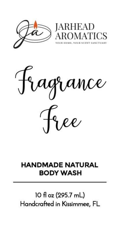 Black-and-white product label for Jarhead Aromatics Fragrance-Free Handmade Natural Body Wash | Moisturizing Body Wash with Organic Aloe & Plant-Based Oils, 10 fl oz, handcrafted in Kissimmee, FL. The logo at the top features "ja" with a small orange flame. This unscented body wash is thoughtfully made for those who appreciate a gentle and moisturizing handmade natural body wash experience.