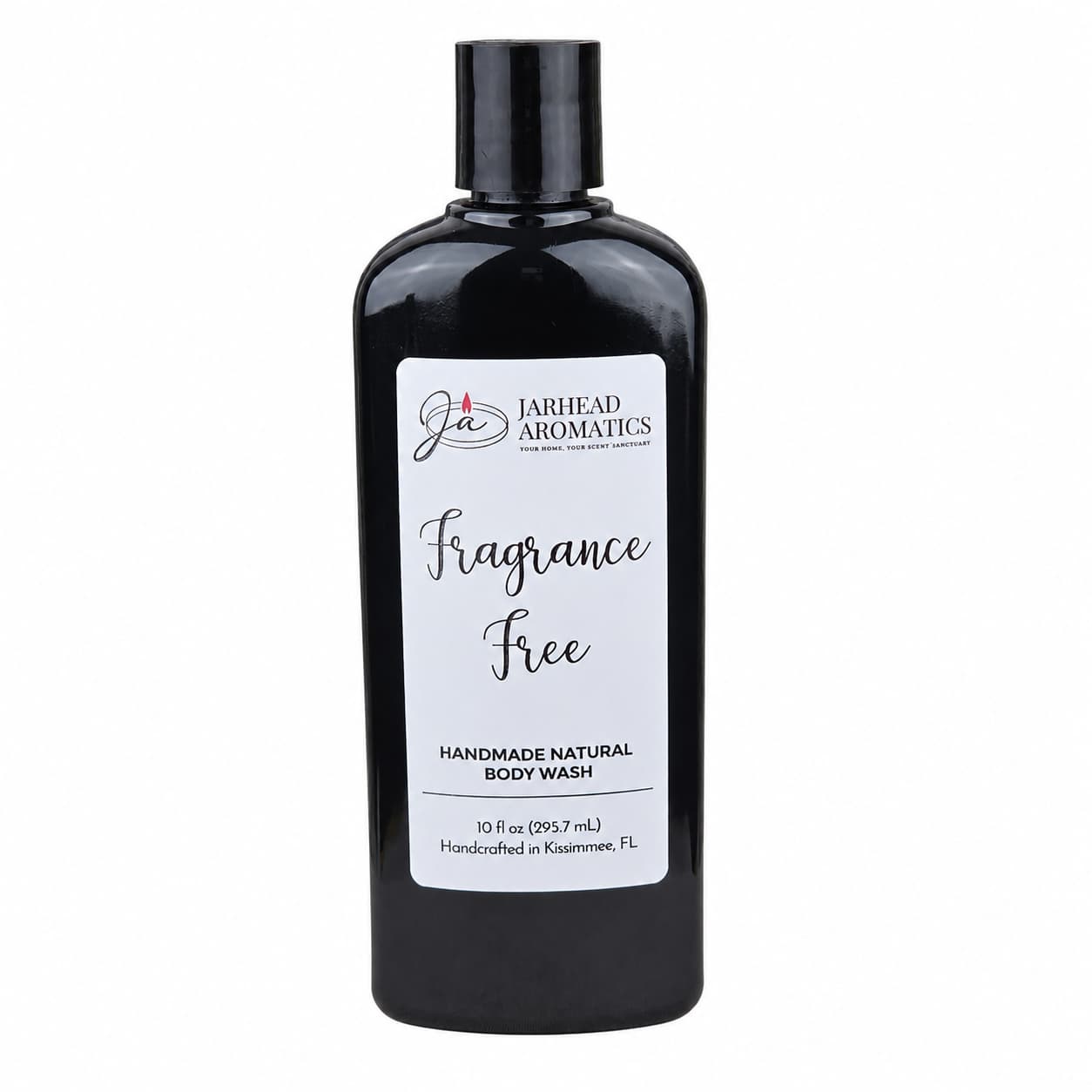 A black bottle labeled Jarhead Aromatics Fragrance-Free Handmade Natural Body Wash | Moisturizing Body Wash with Organic Aloe & Plant-Based Oils, 10 fl oz (295.7 ml), handcrafted in Kissimmee, FL, featuring a white label with black text. This unscented body wash is made with organic aloe and plant-based oils to provide a gentle, fragrance-free cleanse using natural ingredients.