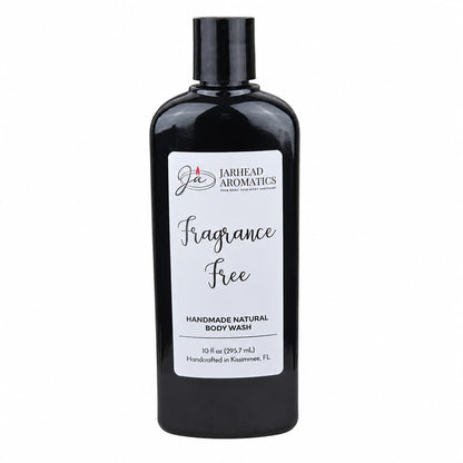 A black bottle labeled Jarhead Aromatics Fragrance-Free Handmade Natural Body Wash | Moisturizing Body Wash with Organic Aloe & Plant-Based Oils, 10 fl oz (295.7 ml), handcrafted in Kissimmee, FL, featuring a white label with black text. This unscented body wash is made with organic aloe and plant-based oils to provide a gentle, fragrance-free cleanse using natural ingredients.