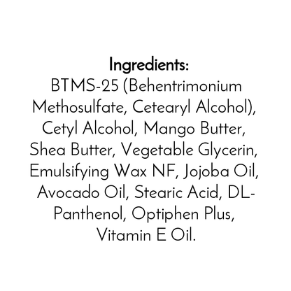 Ingredients: BTMS-25, Cetyl Alcohol, Mango Butter, Shea Butter, Vegetable Glycerin, Emulsifying Wax NF, Jojoba Oil, Avocado Oil, Stearic Acid, DL-Panthenol, Optiphen Plus & Vitamin E. Jarhead Aromatics Fragrance-Free Handmade Conditioner Bar.