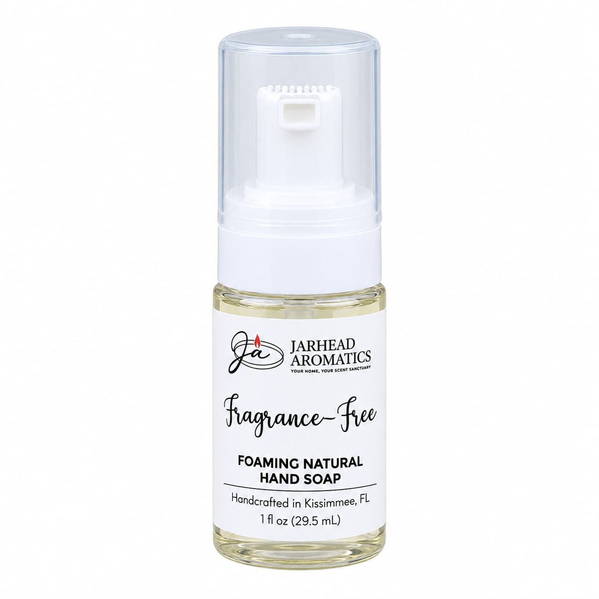Clear plastic bottle of Jarhead Aromatics Fragrance-Free Handmade Foaming Natural Hand Soap with a white pump top and a label reading Fragrance-Free Foaming Natural Hand Soap.