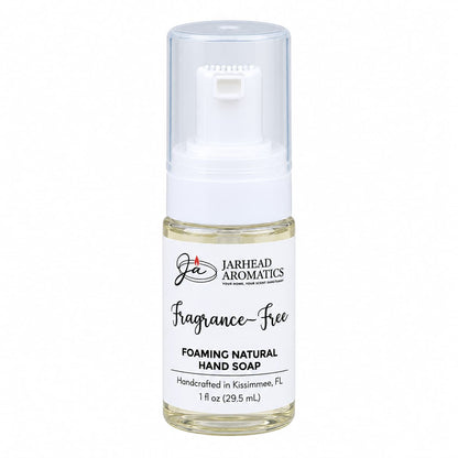 Clear plastic bottle of Jarhead Aromatics Fragrance-Free Handmade Foaming Natural Hand Soap with a white pump top and a label reading Fragrance-Free Foaming Natural Hand Soap.