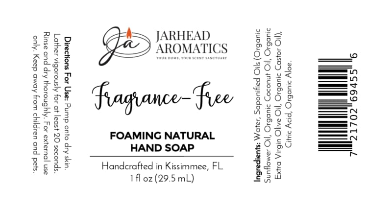 Product label for Jarhead Aromatics Fragrance-Free Handmade Foaming Natural Hand Soap, including ingredients, usage instructions, volume, and a barcode for this unscented hand wash.