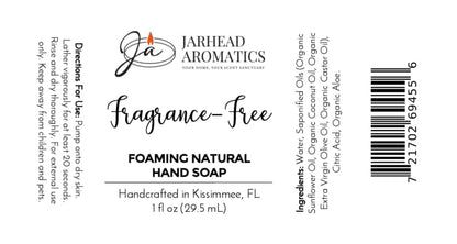Product label for Jarhead Aromatics Fragrance-Free Handmade Foaming Natural Hand Soap, including ingredients, usage instructions, volume, and a barcode for this unscented hand wash.