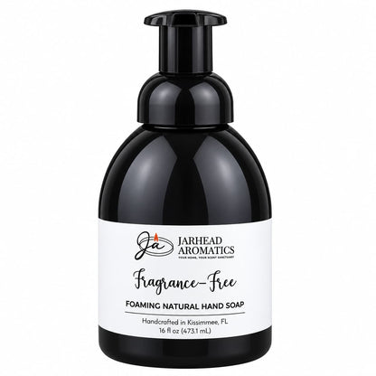 A black foaming hand soap pump bottle with a white label that reads Fragrance-Free Handmade Foaming Natural Hand Soap by Jarhead Aromatics.