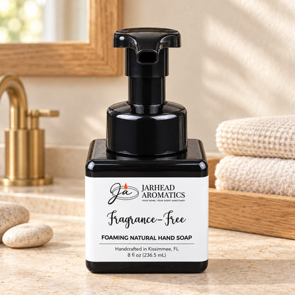 Square black bottle of Fragrance-Free Handmade Foaming Natural Hand Soap | Unscented Aloe Soap, featuring a black pump dispenser and a label reading Fragrance-Free Foaming Natural Hand Soap.