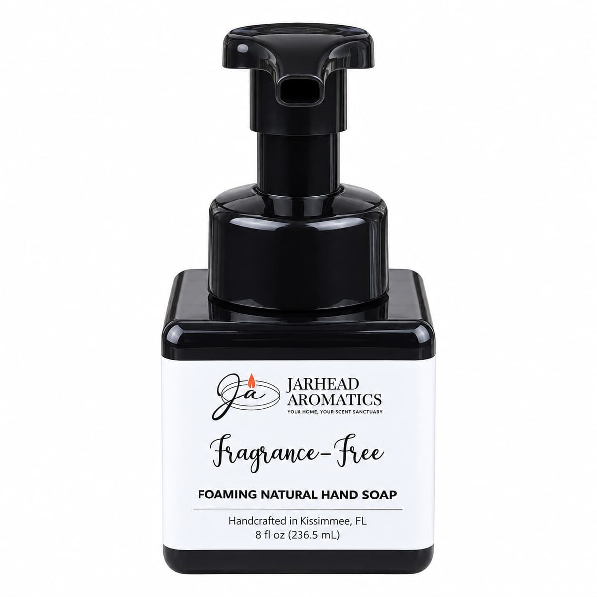 Square bottle of Jarhead Aromatics Fragrance-Free Handmade Foaming Natural Hand Soap with a black pump dispenser and a white label reading Fragrance-Free FOAMING NATURAL HAND SOAP.