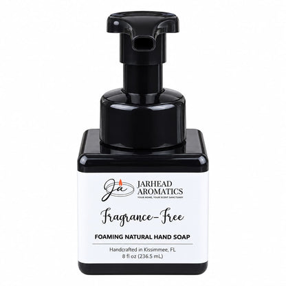 Square bottle of Jarhead Aromatics Fragrance-Free Handmade Foaming Natural Hand Soap with a black pump dispenser and a white label reading Fragrance-Free FOAMING NATURAL HAND SOAP.