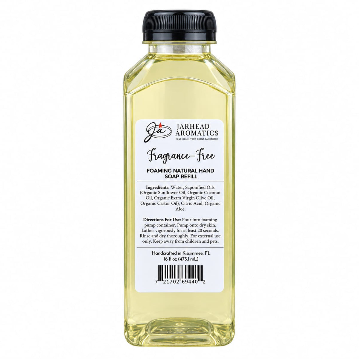 A clear plastic bottle of Jarhead Aromatics Fragrance-Free Handmade Foaming Natural Hand Soap, featuring light yellow unscented soap, a black cap, and a label with ingredients, directions, and volume.