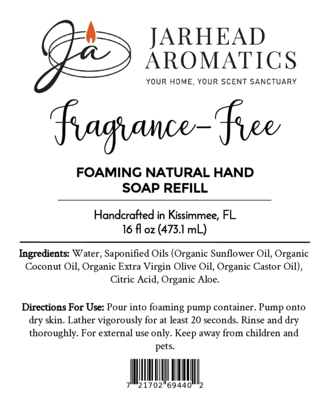 Product label for Jarhead Aromatics Fragrance-Free Handmade Foaming Natural Hand Soap, including ingredients, directions, and a barcode.