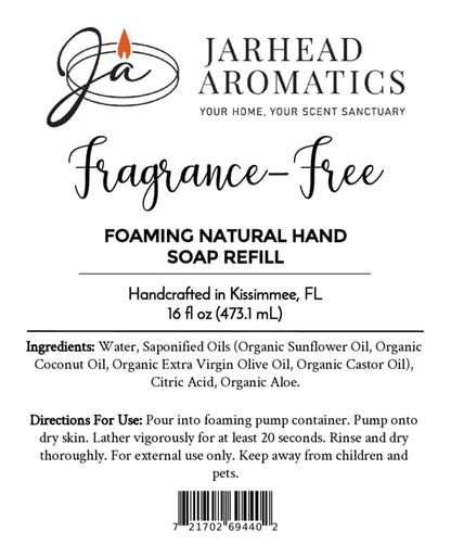 Product label for Jarhead Aromatics Fragrance-Free Handmade Foaming Natural Hand Soap, including ingredients, directions, and a barcode.