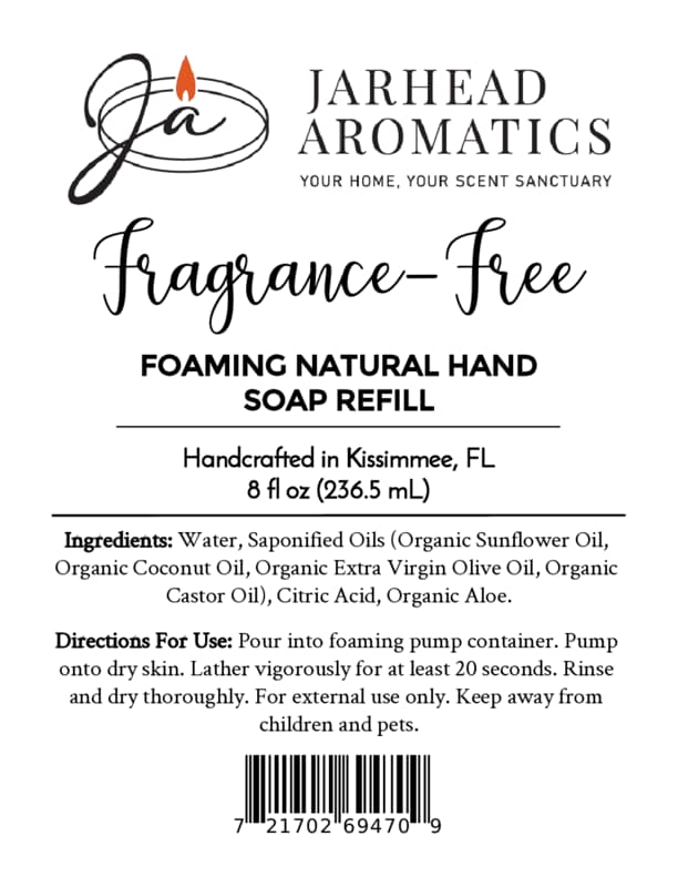 Product label for a Jarhead Aromatics Fragrance-Free Handmade Foaming Natural Hand Soap, detailing ingredients, usage directions, and a barcode.