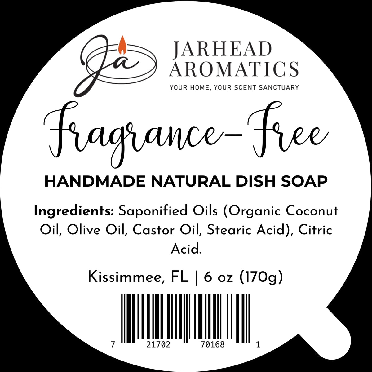 Circular product label for a Jarhead Aromatics Fragrance-Free Handmade Natural Solid Dish Soap | Kitchen Cleaning Bar, detailing ingredients, location, weight, and a barcode for this fragrance-free cleanser.
