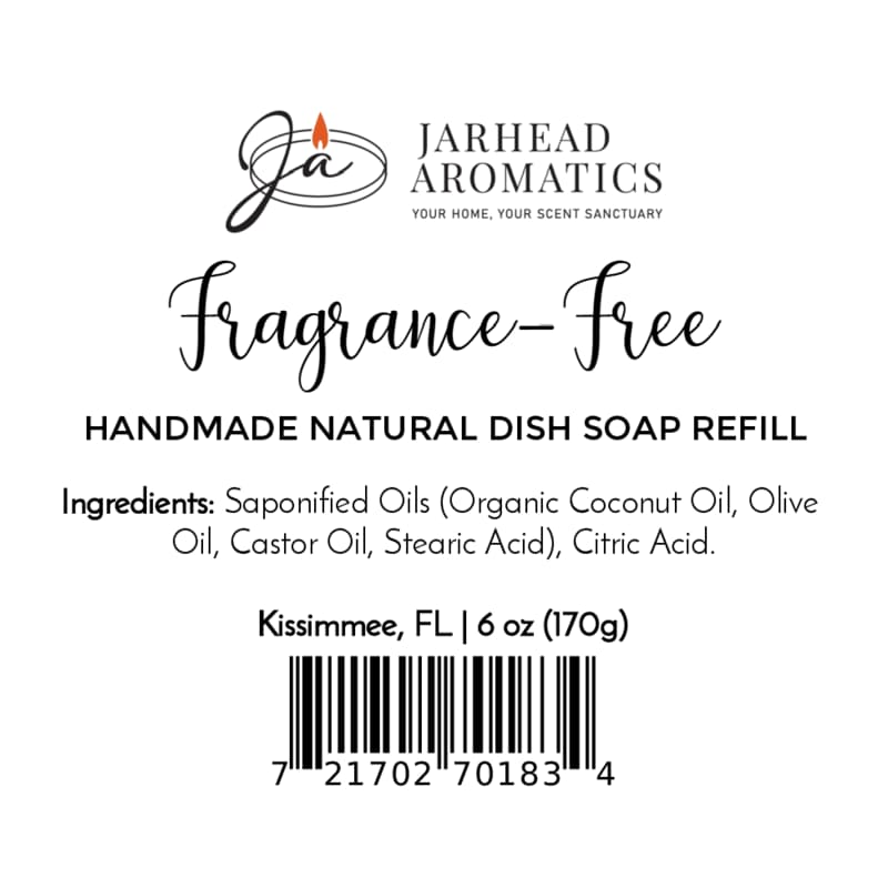 Product label for a Jarhead Aromatics Fragrance-Free Handmade Natural Solid Dish Soap | Kitchen Cleaning Bar, detailing ingredients, origin, weight, and a barcode.