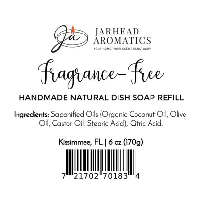 Product label for a Jarhead Aromatics Fragrance-Free Handmade Natural Solid Dish Soap | Kitchen Cleaning Bar, detailing ingredients, origin, weight, and a barcode.