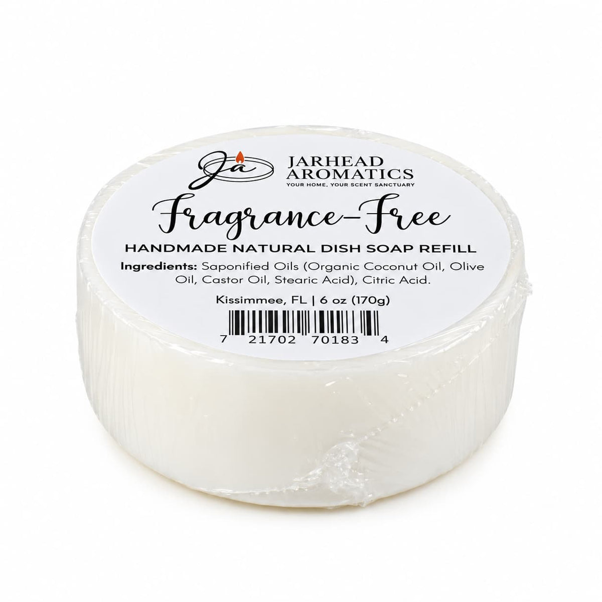 Round, plastic-wrapped bar of white, fragrance-free Fragrance-Free Handmade Natural Solid Dish Soap, featuring a label that lists ingredients and weight.