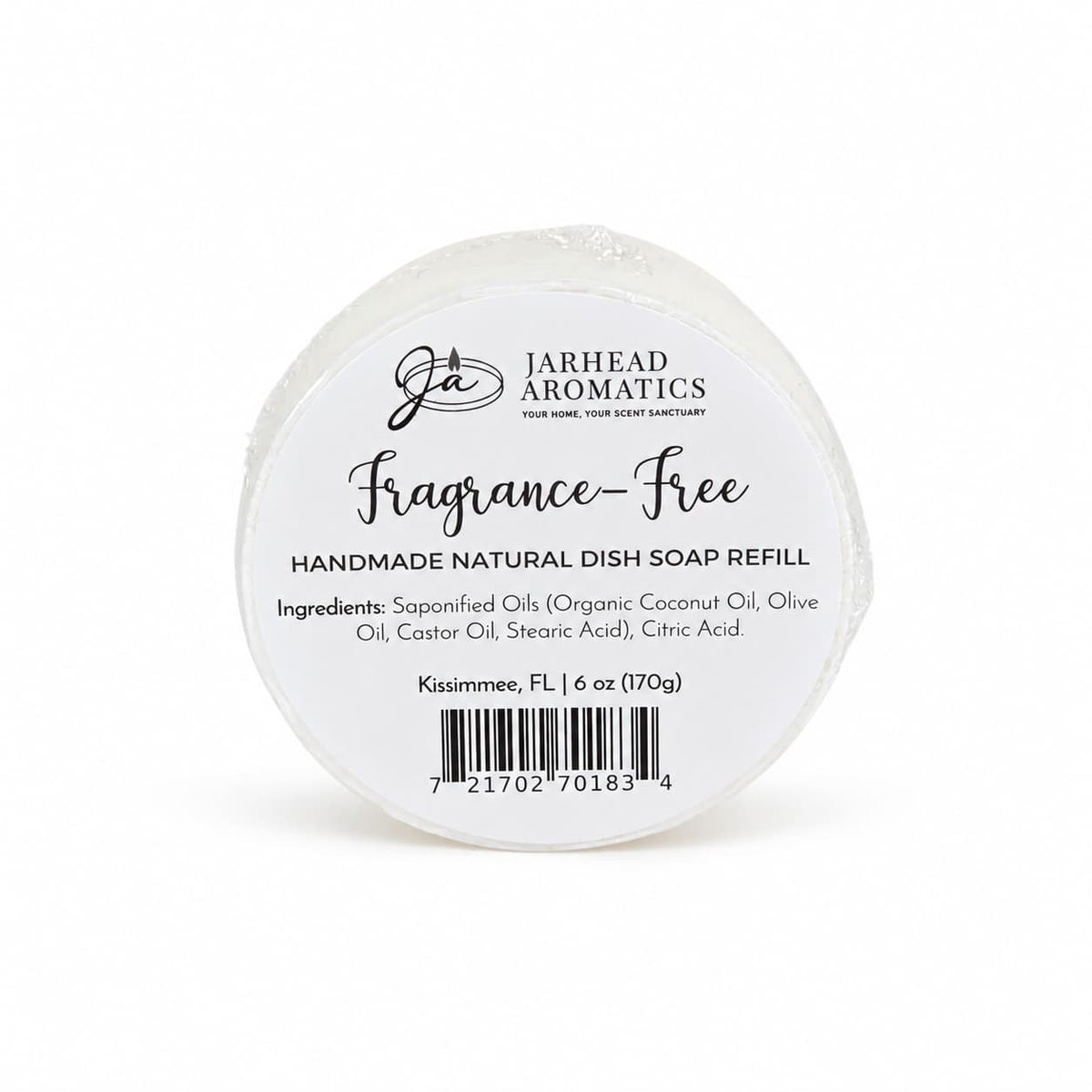 Round, handmade Jarhead Aromatics Fragrance-Free Handmade Natural Solid Dish Soap | Kitchen Cleaning Bar with a label listing ingredients and confirming it is fragrance-free.