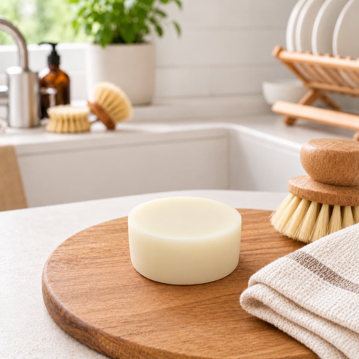 A Jarhead Aromatics Fragrance-Free Handmade Natural Solid Dish Soap | Kitchen Cleaning Bar sits on a wooden cutting board next to a wooden scrub brush and a folded cloth.