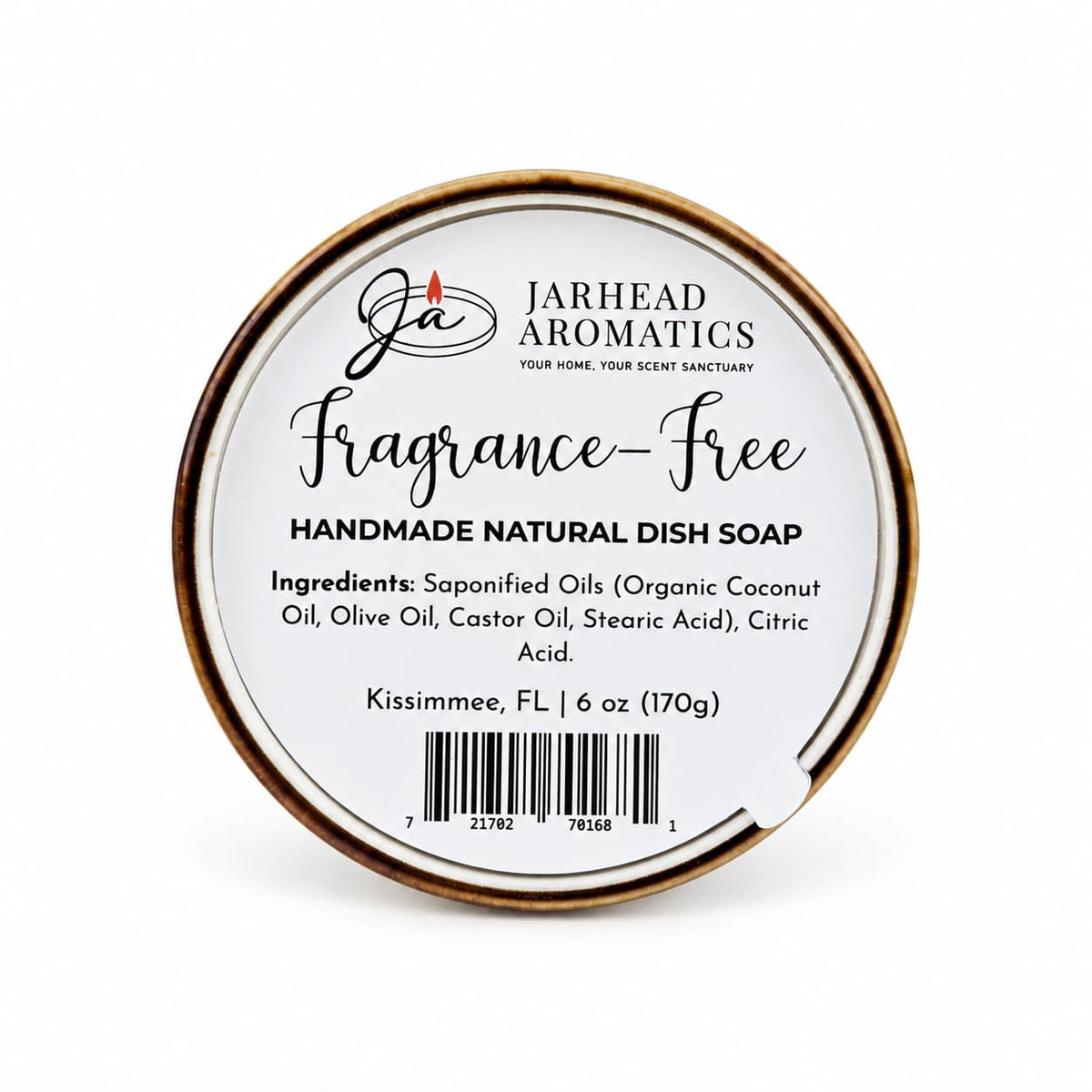 Round container of Fragrance-Free Handmade Natural Solid Dish Soap | Kitchen Cleaning Bar by Jarhead Aromatics, featuring a label with ingredients, weight, and a barcode.