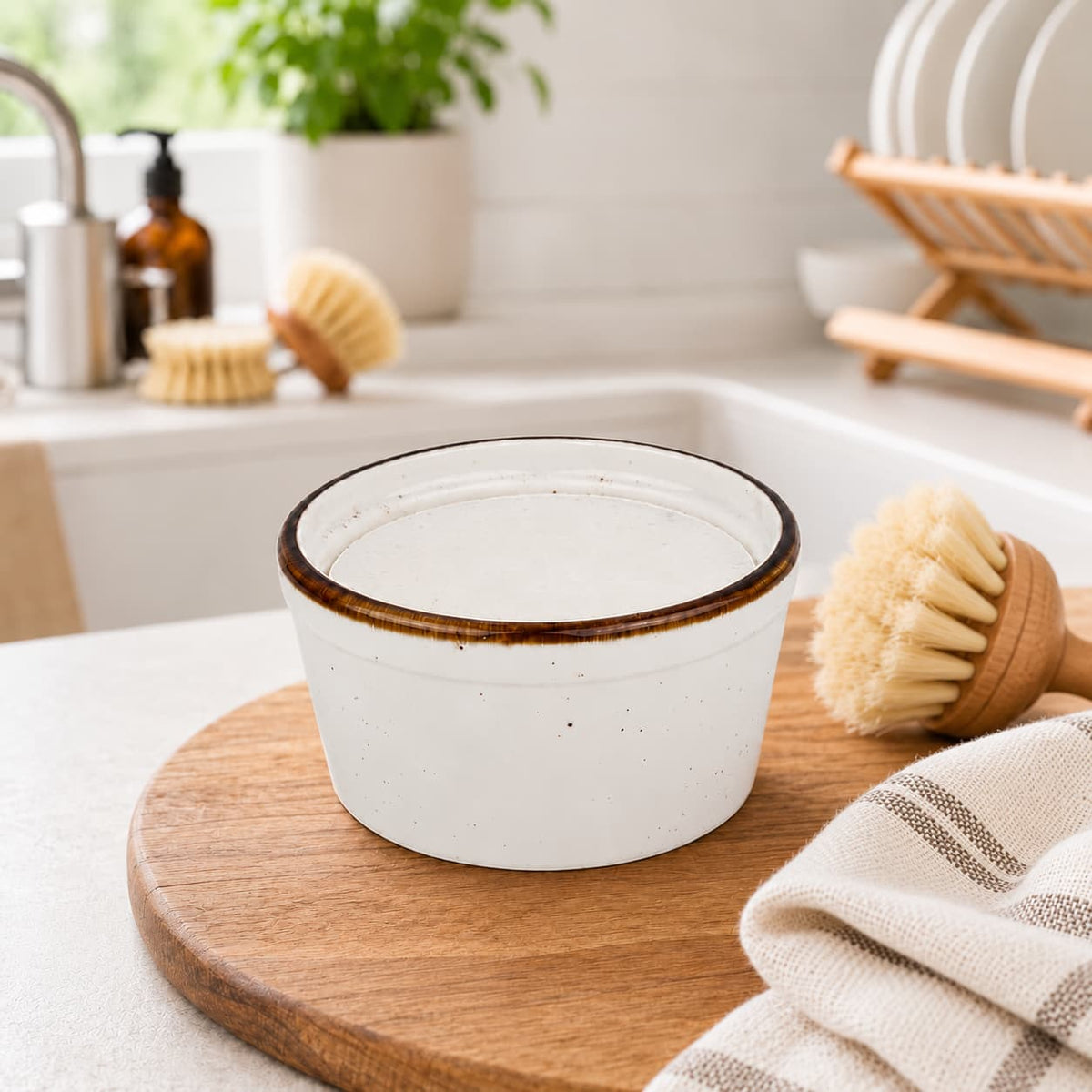 A solid white Jarhead Aromatics Fragrance-Free Handmade Natural Solid Dish Soap | Kitchen Cleaning Bar in a ceramic bowl sitting on a round wooden cutting board next to a dish brush and kitchen towel.