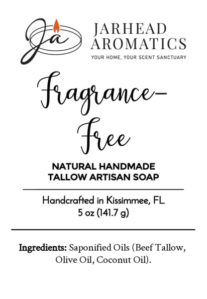 Jarhead Aromatics Fragrance-Free Handmade Natural Tallow Artisan Soap is a 5 oz unscented bar, handcrafted in Kissimmee, FL using minimal ingredients: saponified beef tallow, olive oil, and coconut oil. This natural artisan soap offers gentle care with no added fragrance.