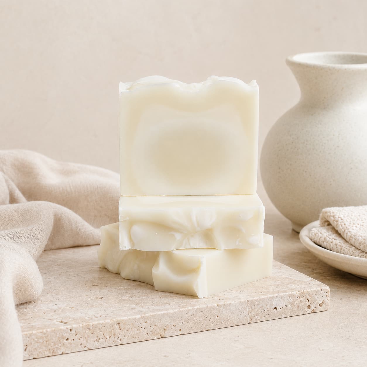 Three bars of Jarhead Aromatics Fragrance-Free Handmade Natural Tallow Artisan Soap are stacked on a stone surface, accompanied by a beige cloth, a white ceramic vase, and a small plate with textured fabric. The scene features a neutral, minimalistic background that highlights the unscented, minimal-ingredient tallow soap.