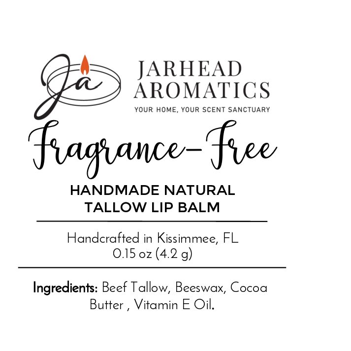 Label for Jarhead Aromatics Tallow Handmade Natural Lip Balm - Assorted Flavors, handcrafted in Kissimmee, FL with grass-fed tallow, beeswax, cocoa butter, and vitamin E oil.